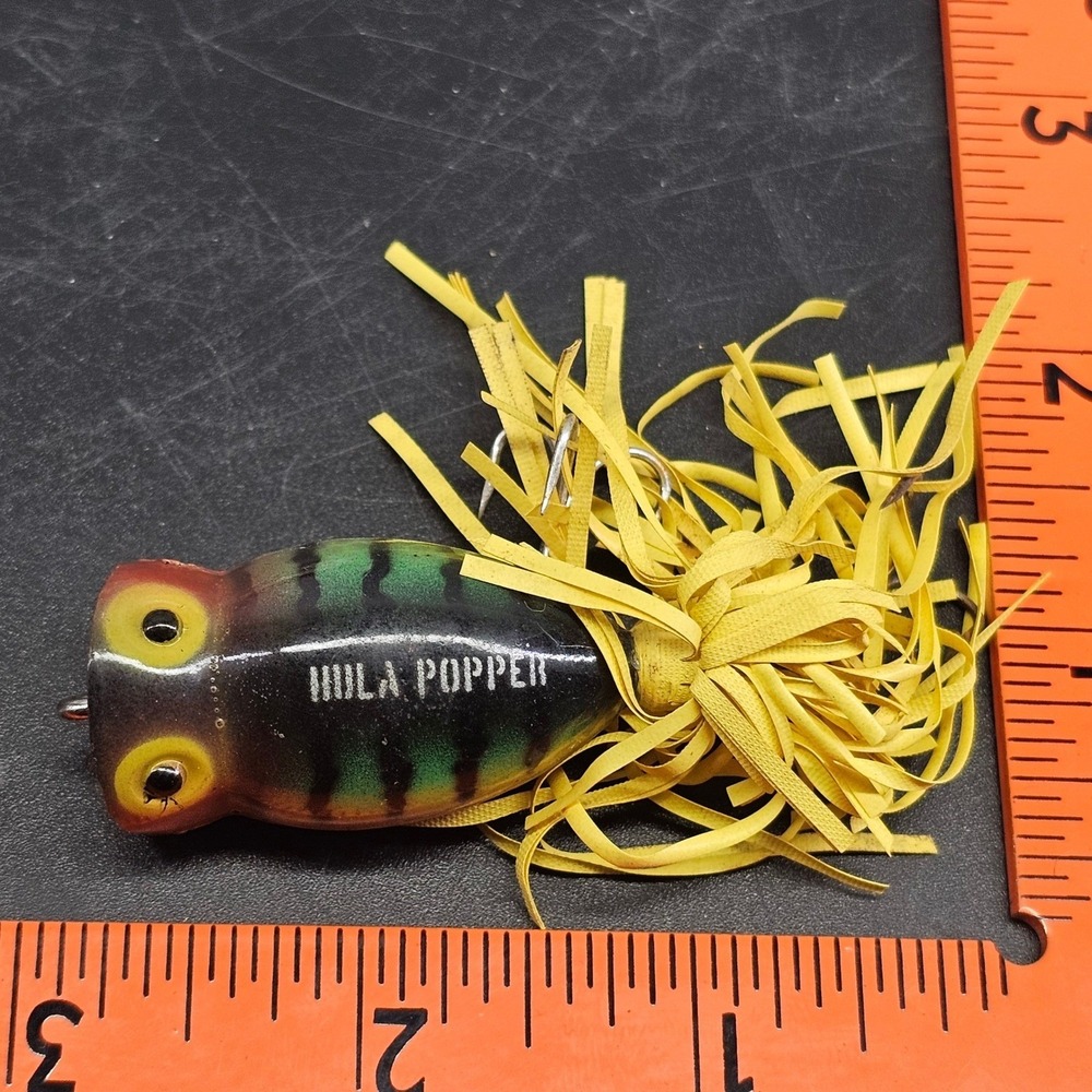 Vintage Arbogast Hula Popper Topwater Fishing Lure Green Frog Yellow Skirt